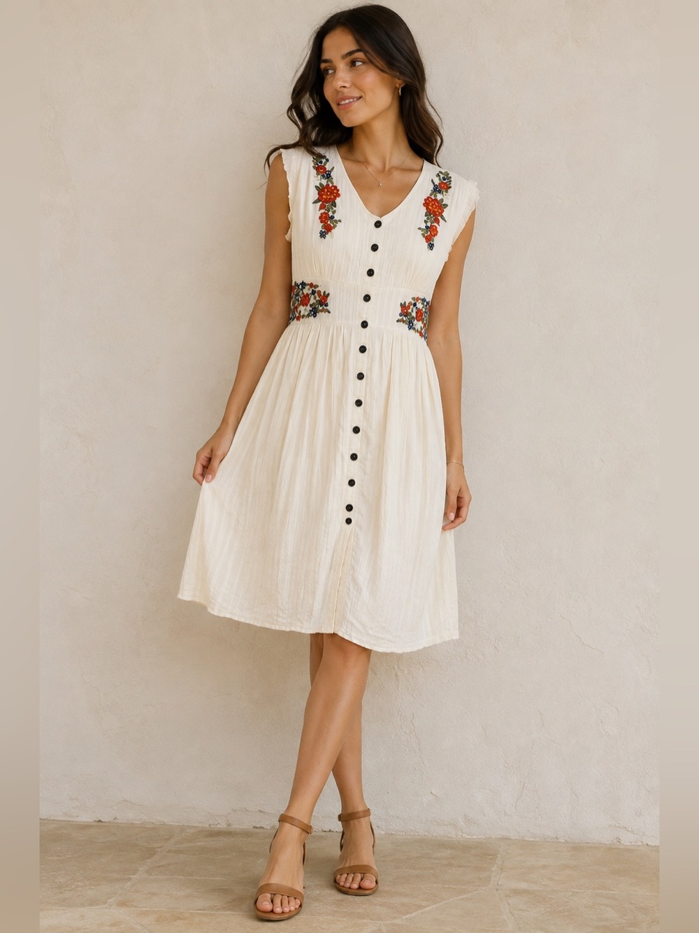 Embroidered Cottagecore Cotton Midi Button‎ Boho Ivory  Dress